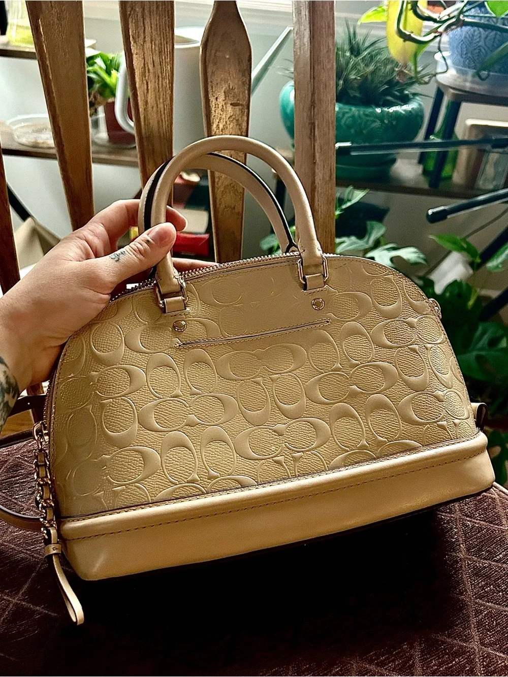 Coach Classic Katy Cream Dome Satchel with Signature Embossing and Gold Hardware